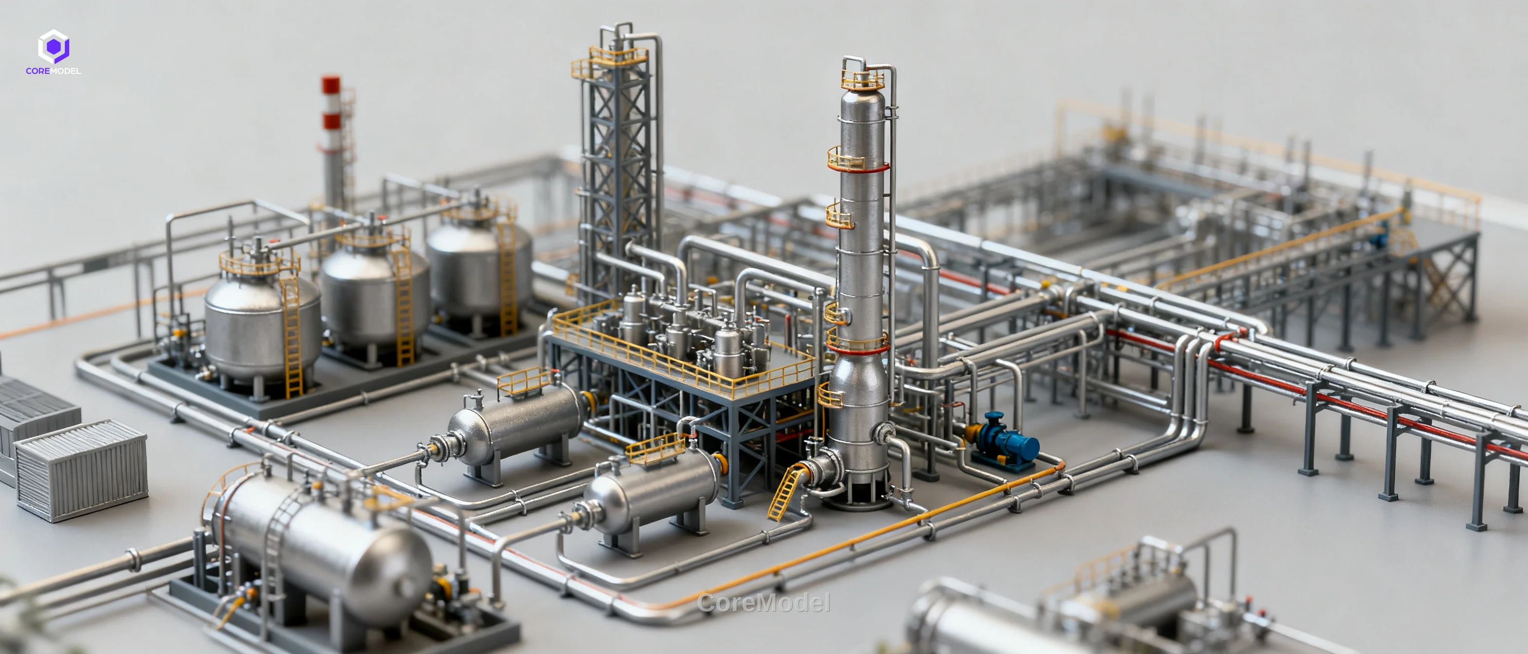 A detailed industry scale model of a petrochemical refinery with miniature equipment and piping
