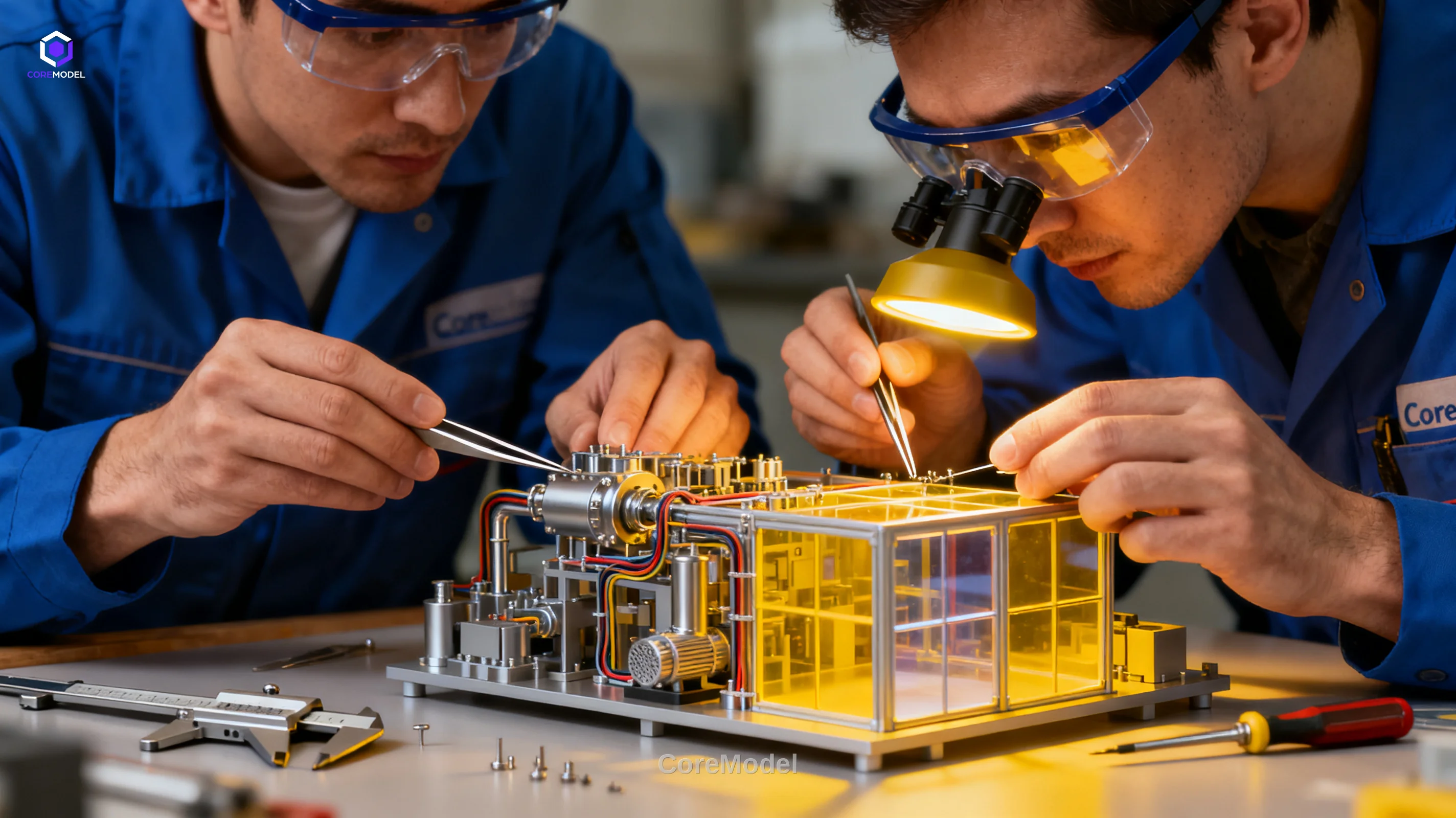 CoreModel craftsmen assembling a detailed industrial scale model with precision tools and lighting