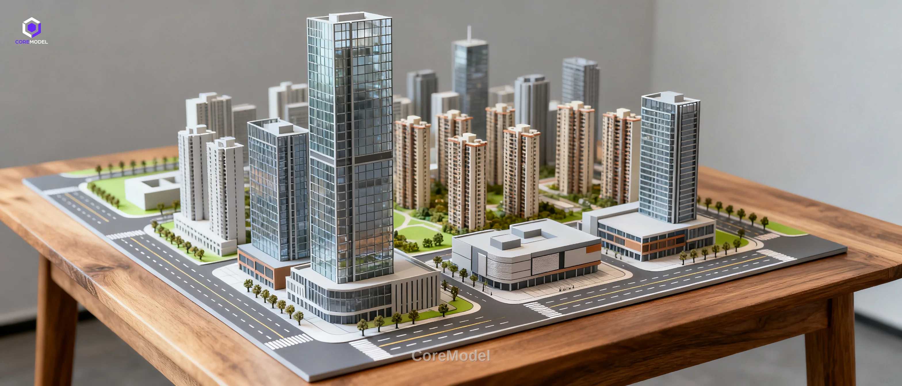 A detailed physical scale model of a modern city skyline on a table, showcasing architectural and urban planning design.