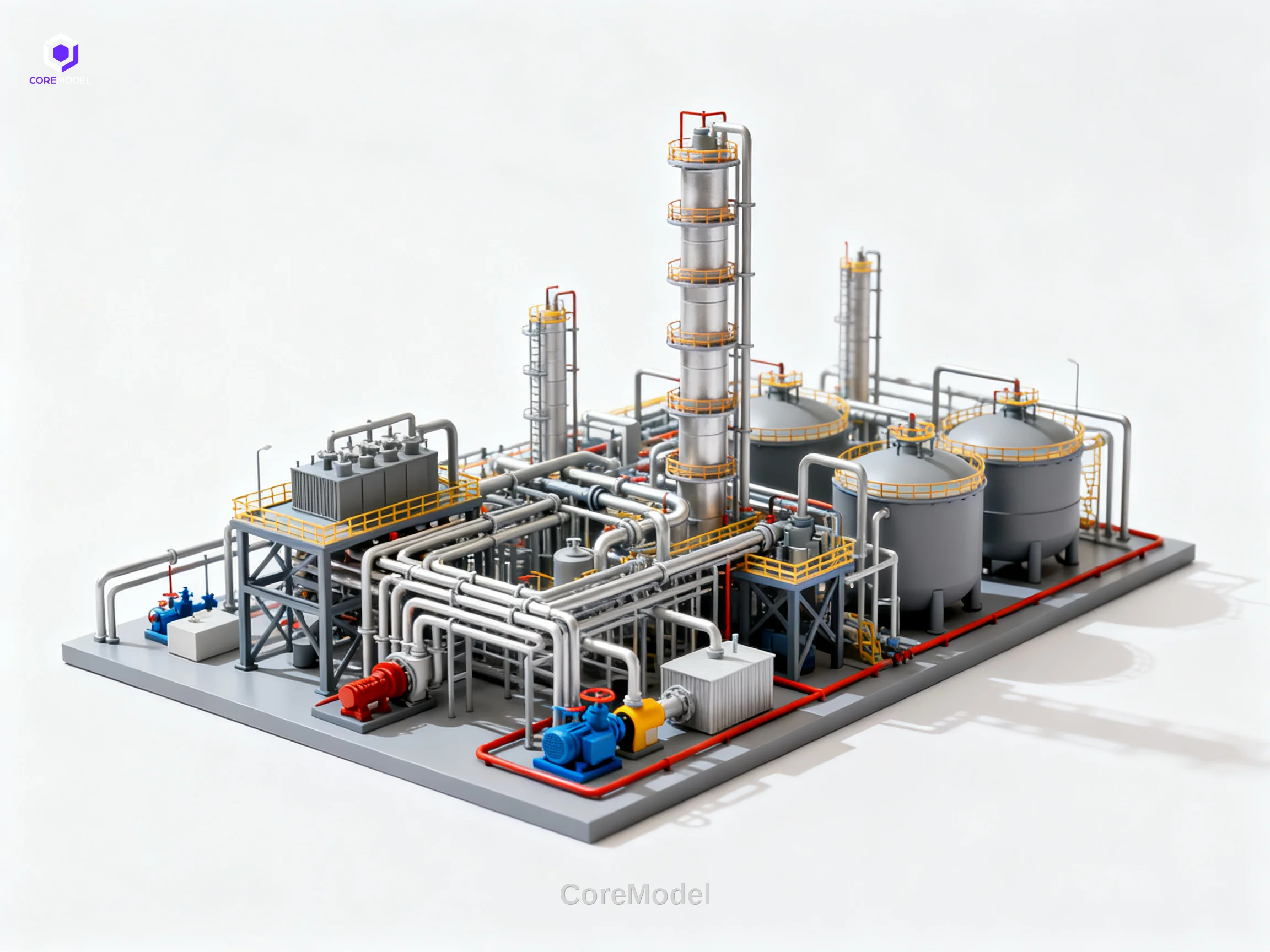 Industrial scale model of a petrochemical plant with detailed piping and equipment on a white background