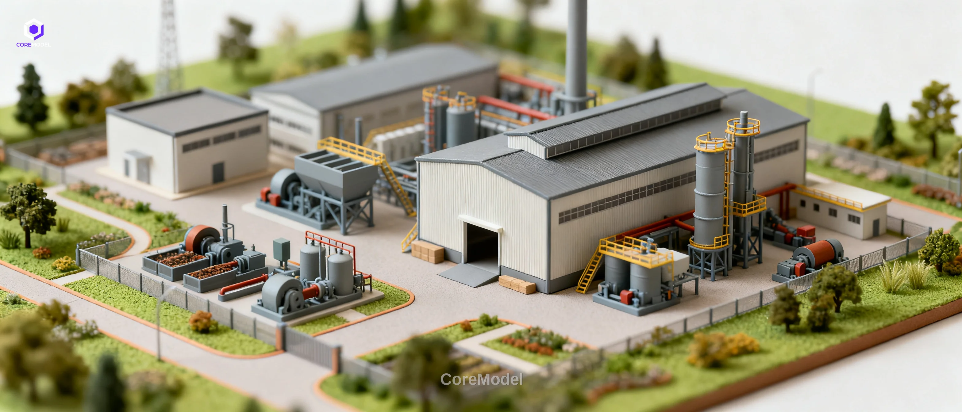 Physical scale model of an industrial facility with buildings, machinery, and landscaping details