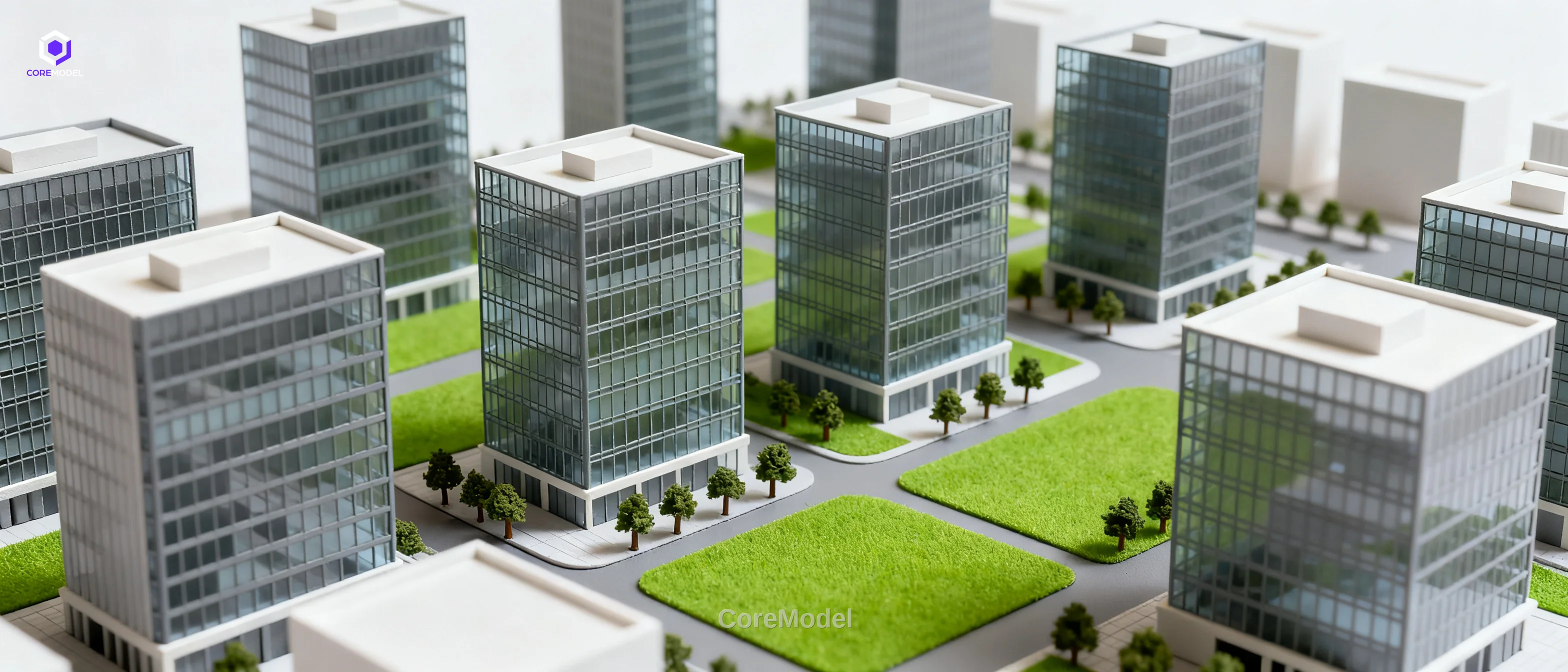 Commercial scale model of a modern business district with office towers and green spaces