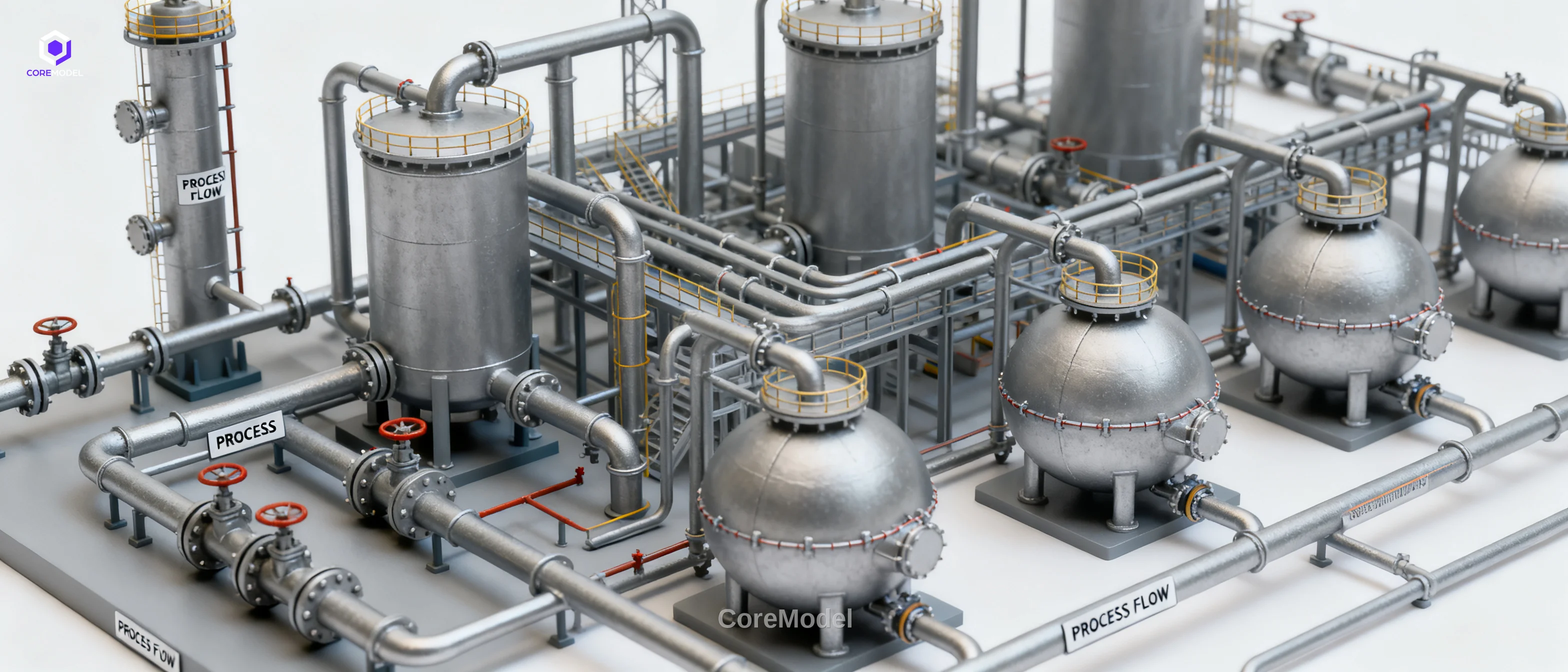 Detailed engineering scale model of a petrochemical plant with intricate piping and vessels
