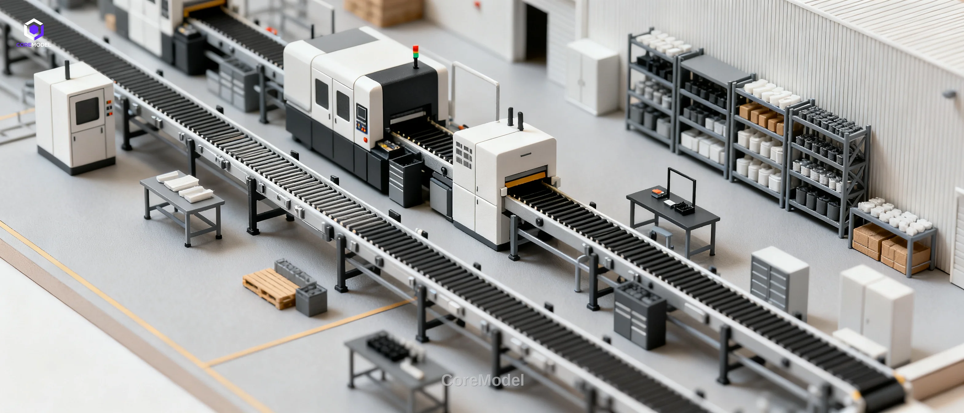 Factory layout model showing production lines and equipment placement in a detailed scale model