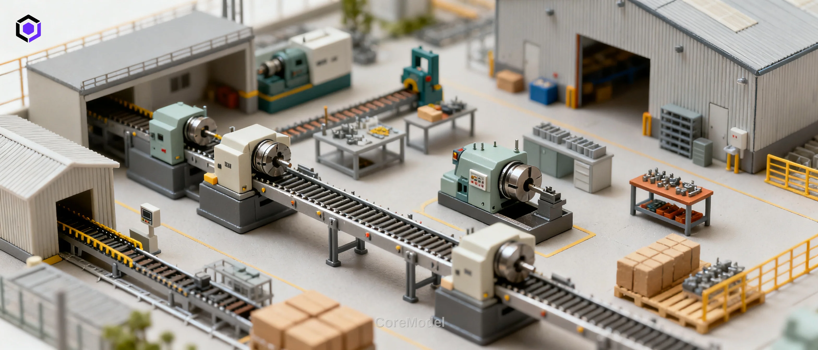 High-detail factory layout model with miniature production lines and equipment for industrial planning