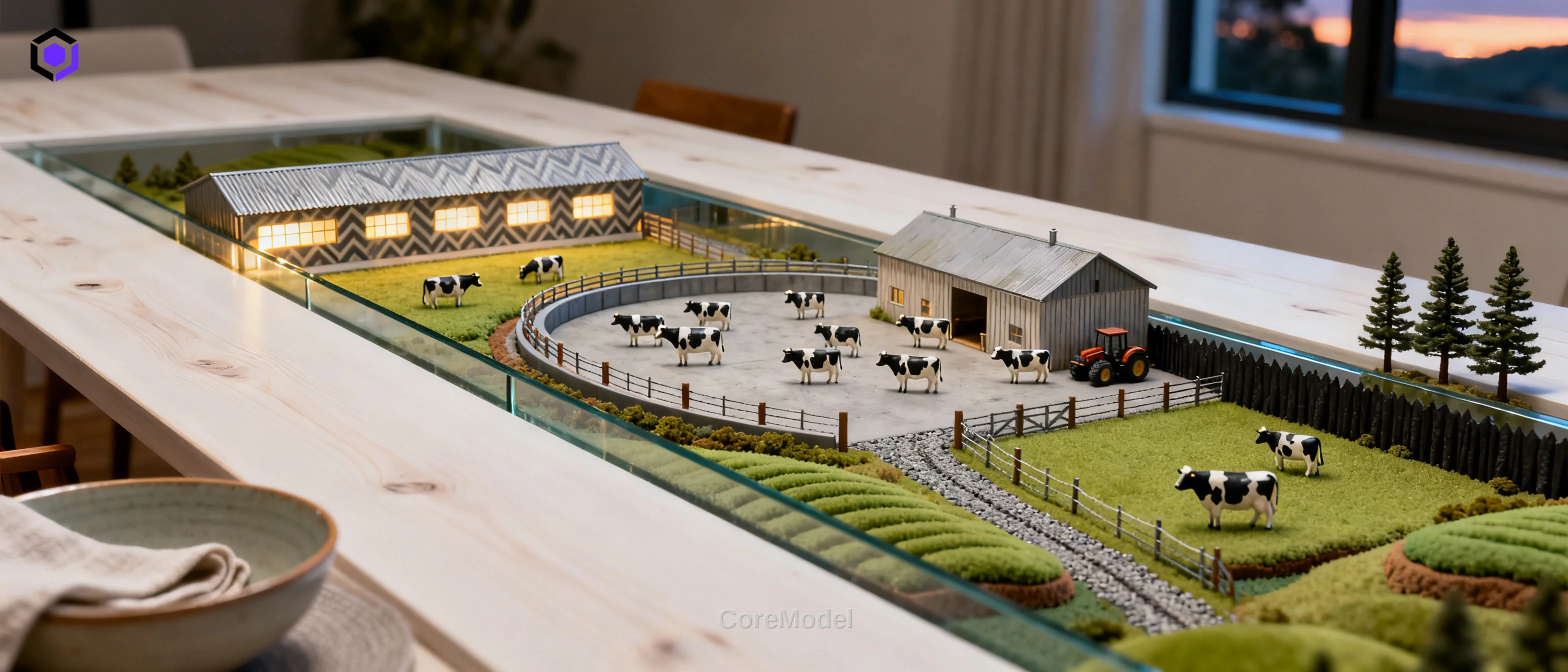 Custom dairy farm diorama model with barns, milking parlor, and grazing areas, created by CoreModel