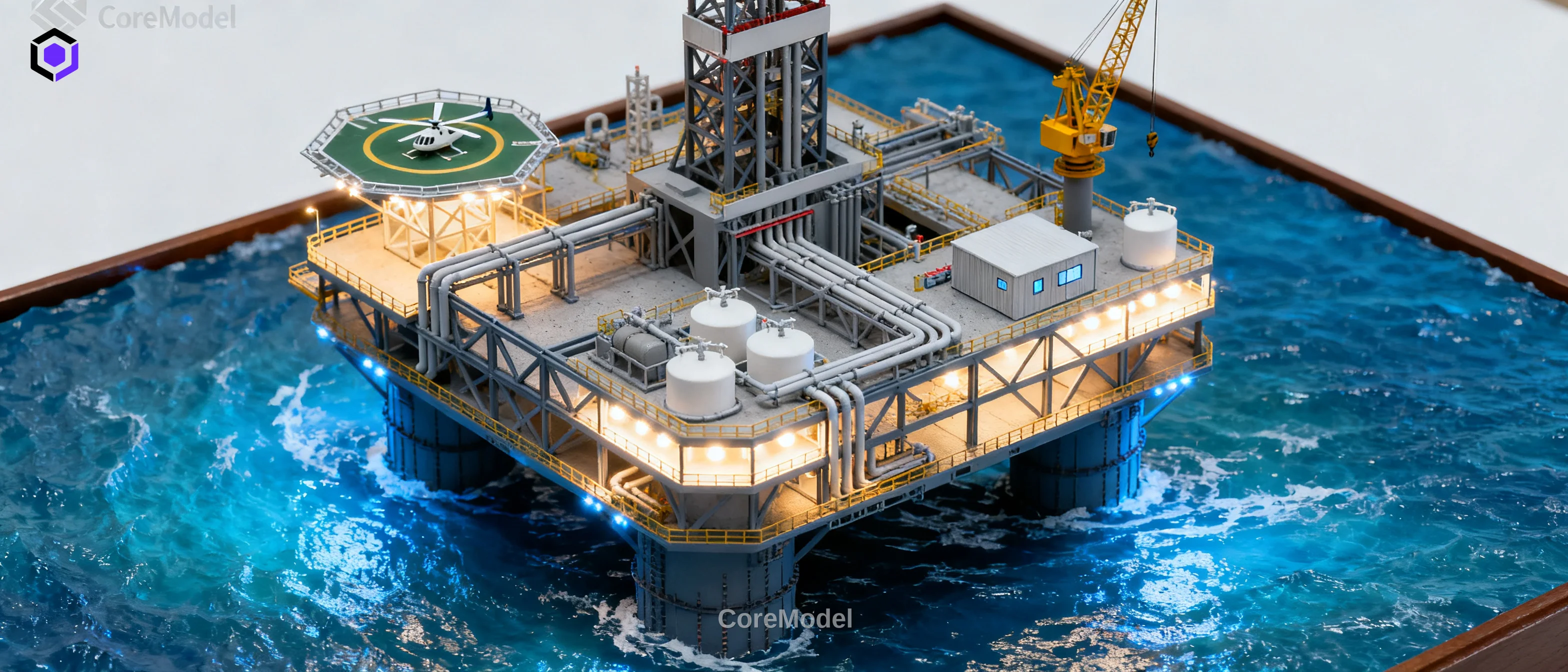 Detailed oil and gas scale model of an offshore platform with lighting, crafted by CoreModel