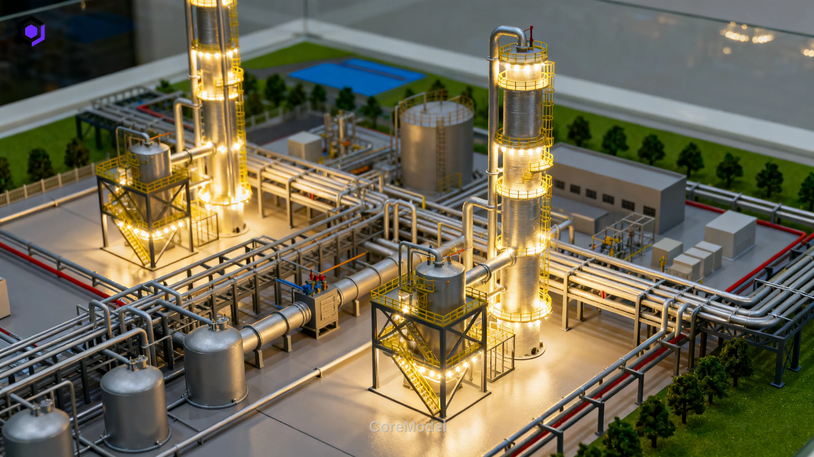 Detailed refinery scale model with distillation columns, piping, and LED lighting, crafted by CoreModel for industrial clients.