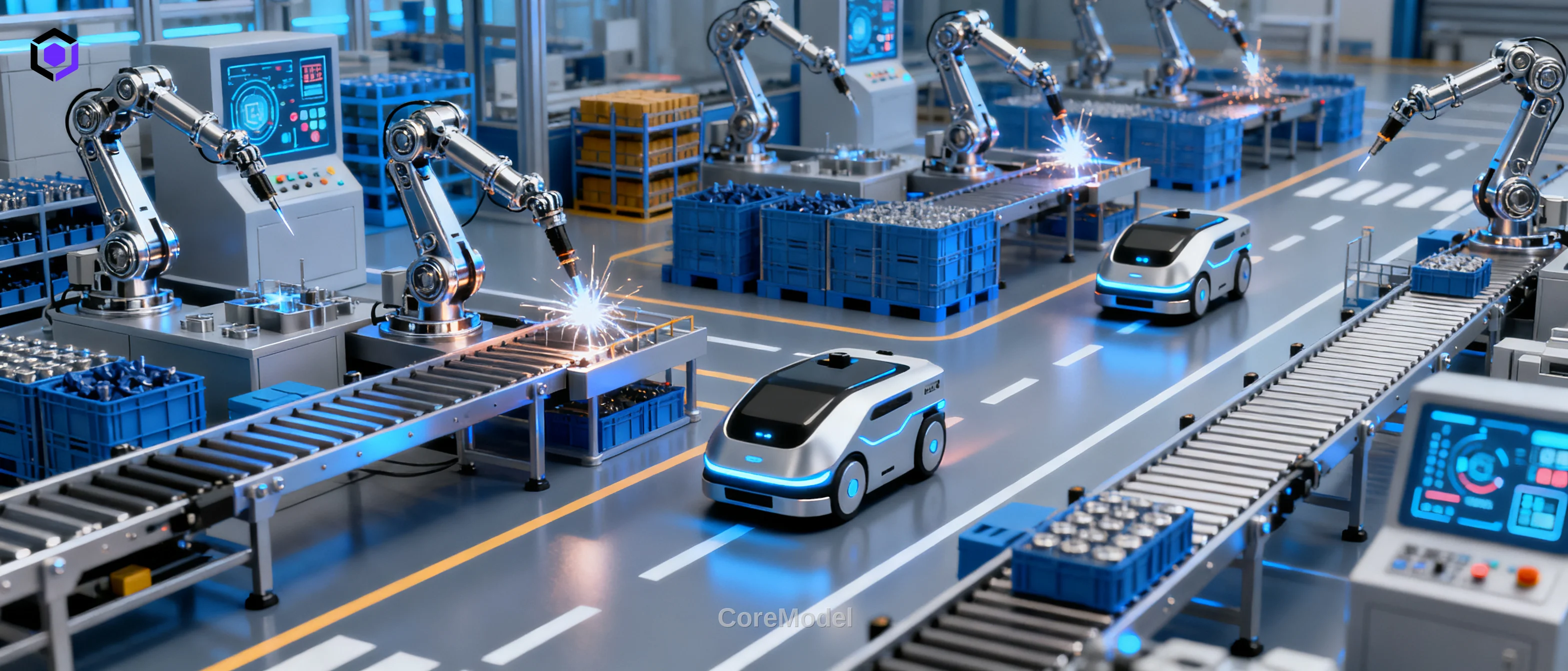 Detailed smart factory model with robotic arms and automated guided vehicles, showcasing Industry 4.0 technology.