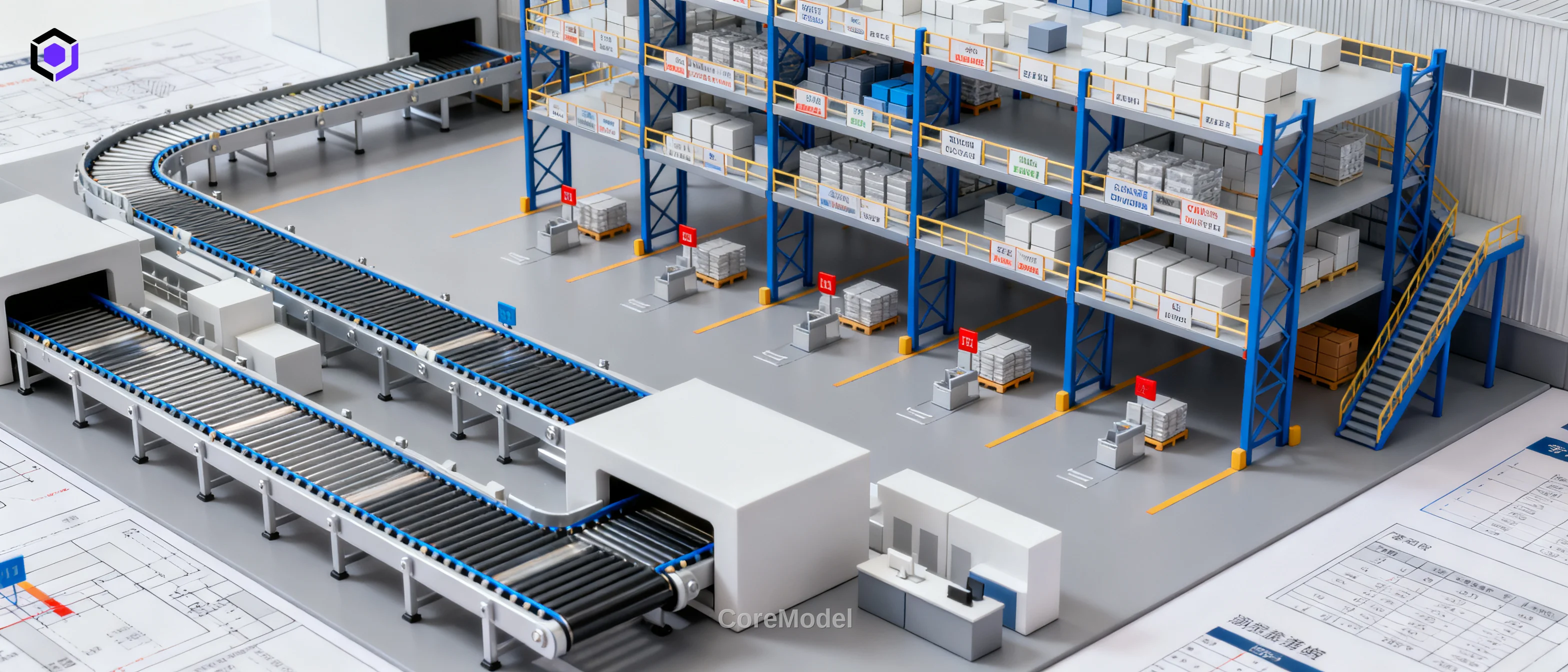Detailed scale model of a logistics center with conveyor systems and racking, used for supply chain planning