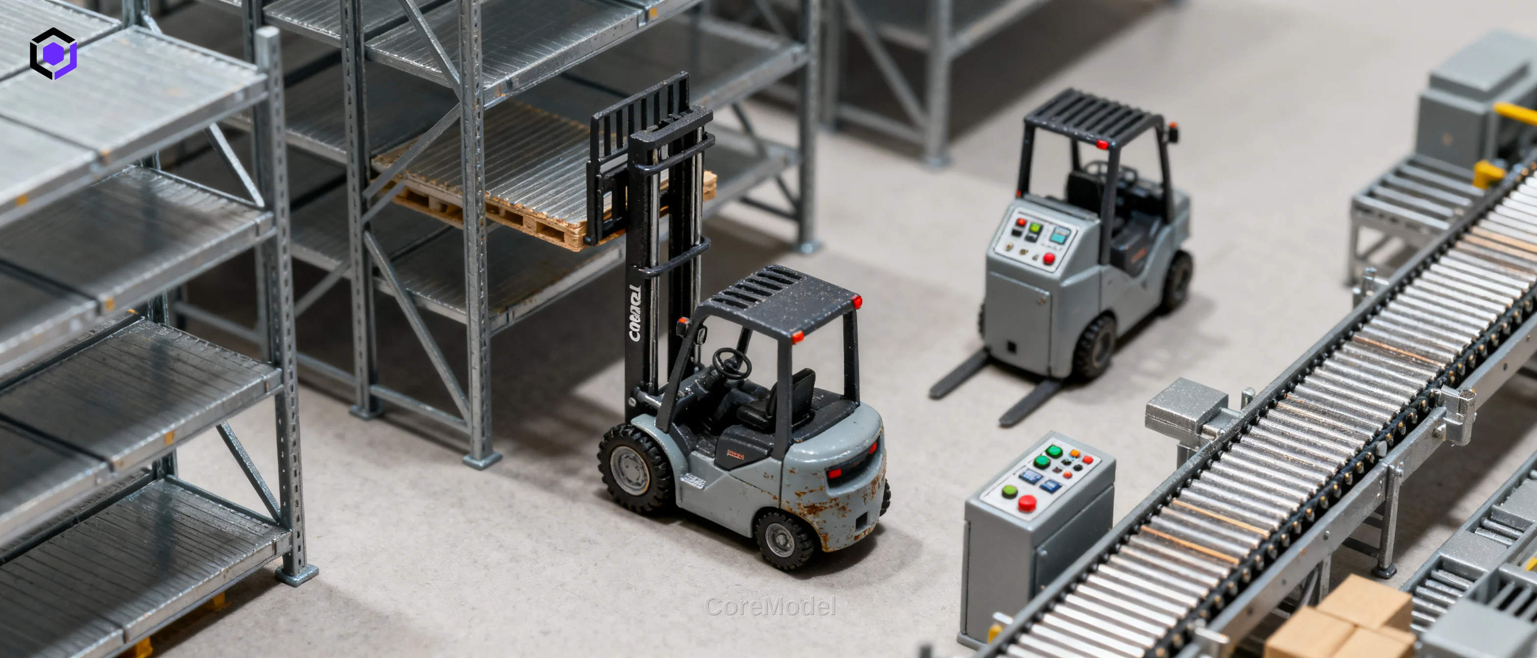 Detailed warehouse scale model with racking, forklifts, and conveyor systems, showcasing CoreModel's craftsmanship.