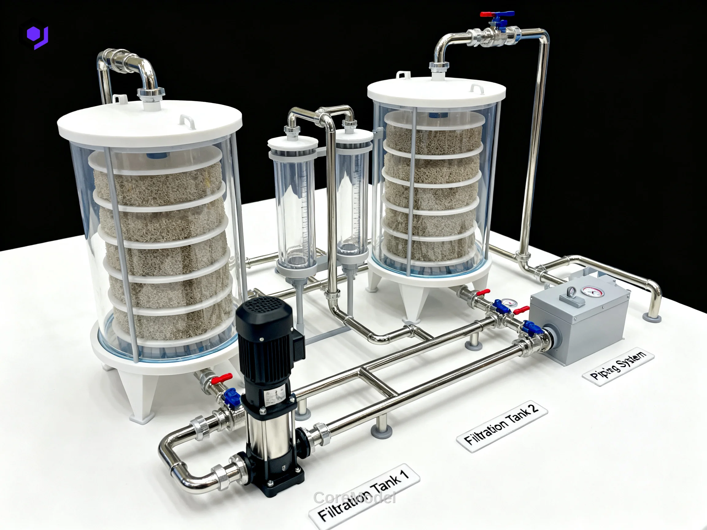 Detailed scale model of a water treatment plant with filtration tanks and piping, used for B2B presentations and training