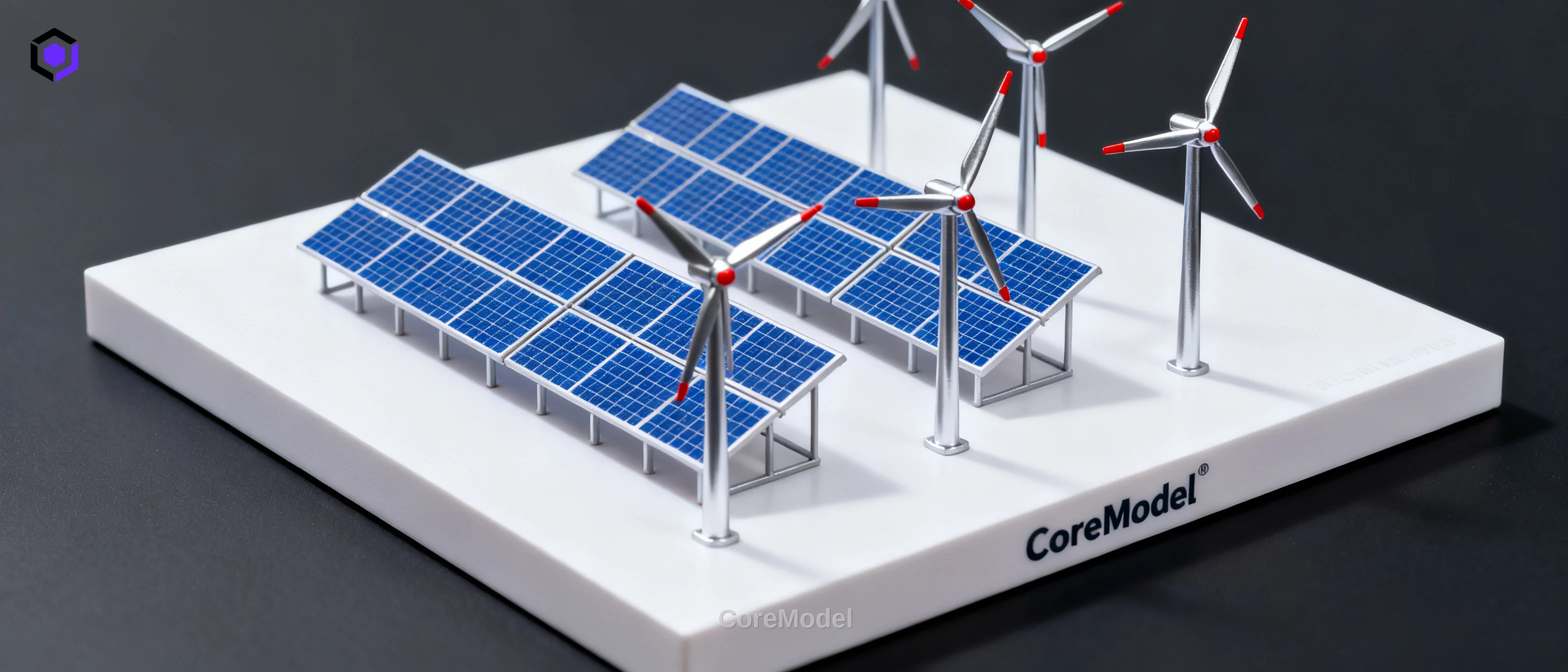 Detailed scale model of a renewable energy project with solar panels and wind turbines, crafted by CoreModel