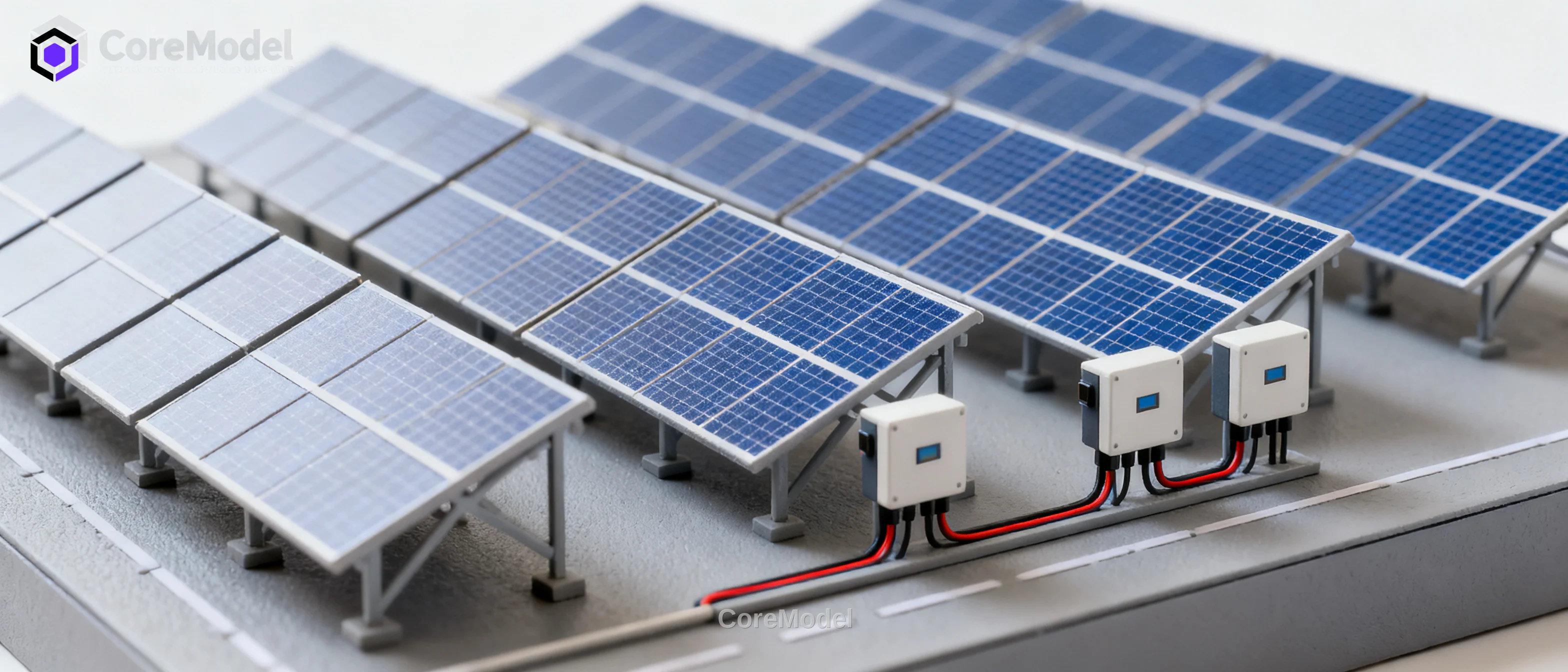 Detailed scale model of a solar power plant with photovoltaic panels and inverters, created by CoreModel